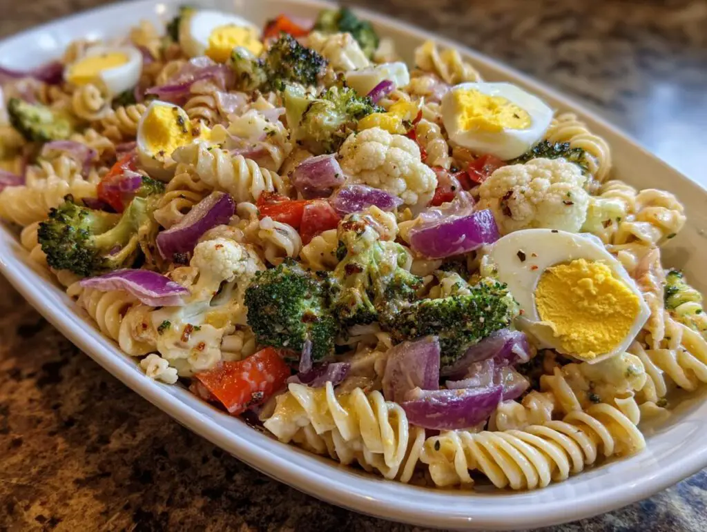 A vibrant pasta salad easter with rotini pasta, vegetables, and hard-boiled eggs.