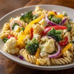 Close-up of a vibrant pasta salad easter with rotini pasta, vegetables, and creamy dressing.