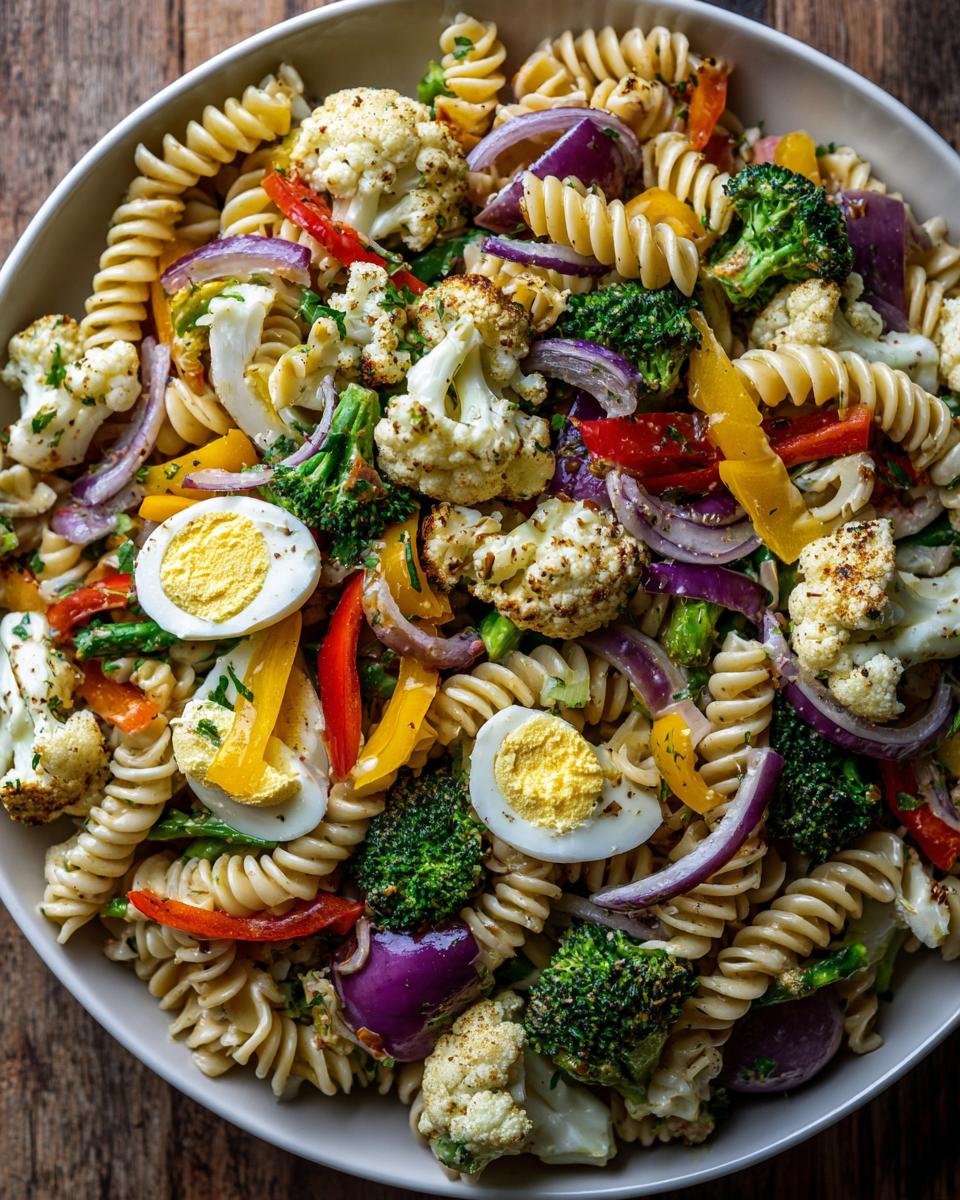 Overhead shot of a vibrant pasta salad easter with vegetables and eggs.