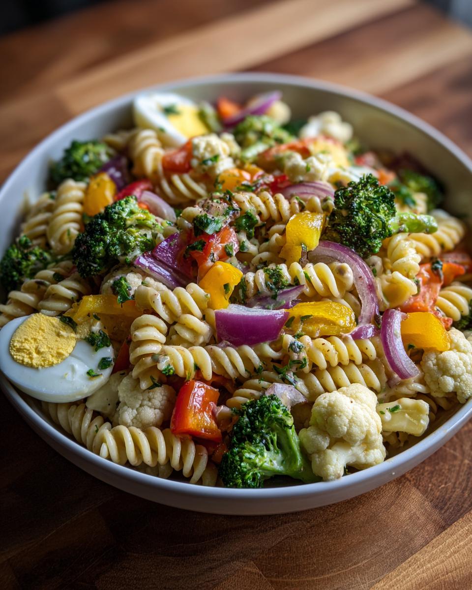 Close-up of a pasta salad easter dish with rotini pasta, vegetables, and hard-boiled eggs.
