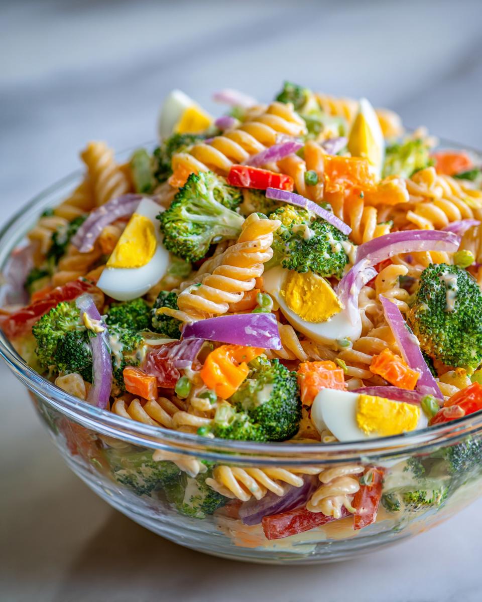 Amazing Pasta Salad Easter: 100% Delicious Flavor 7 Close-up of a vibrant pasta salad for Easter with pasta, broccoli, eggs, and vegetables.