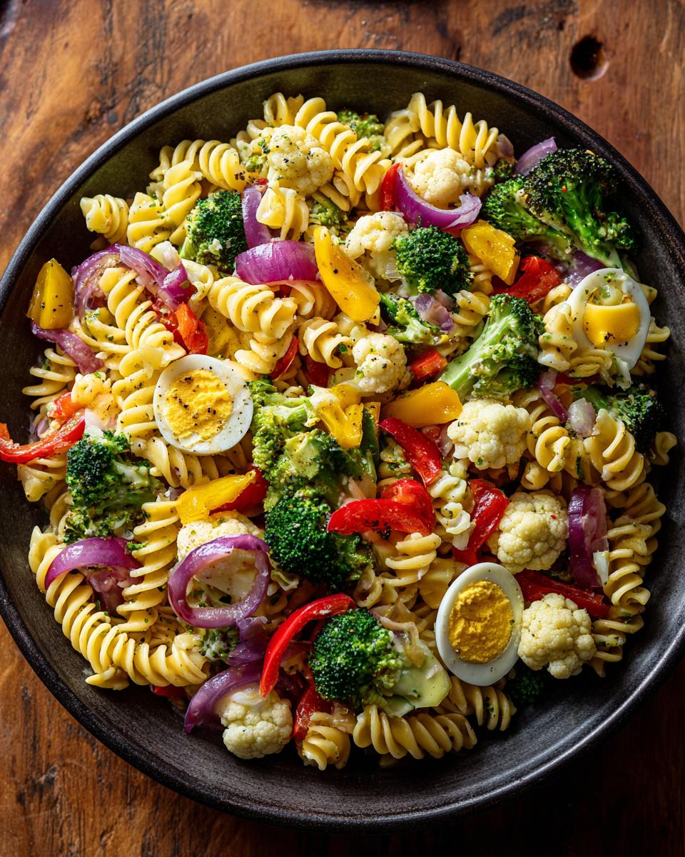Overhead shot of a vibrant pasta salad easter with pasta, vegetables, and eggs.