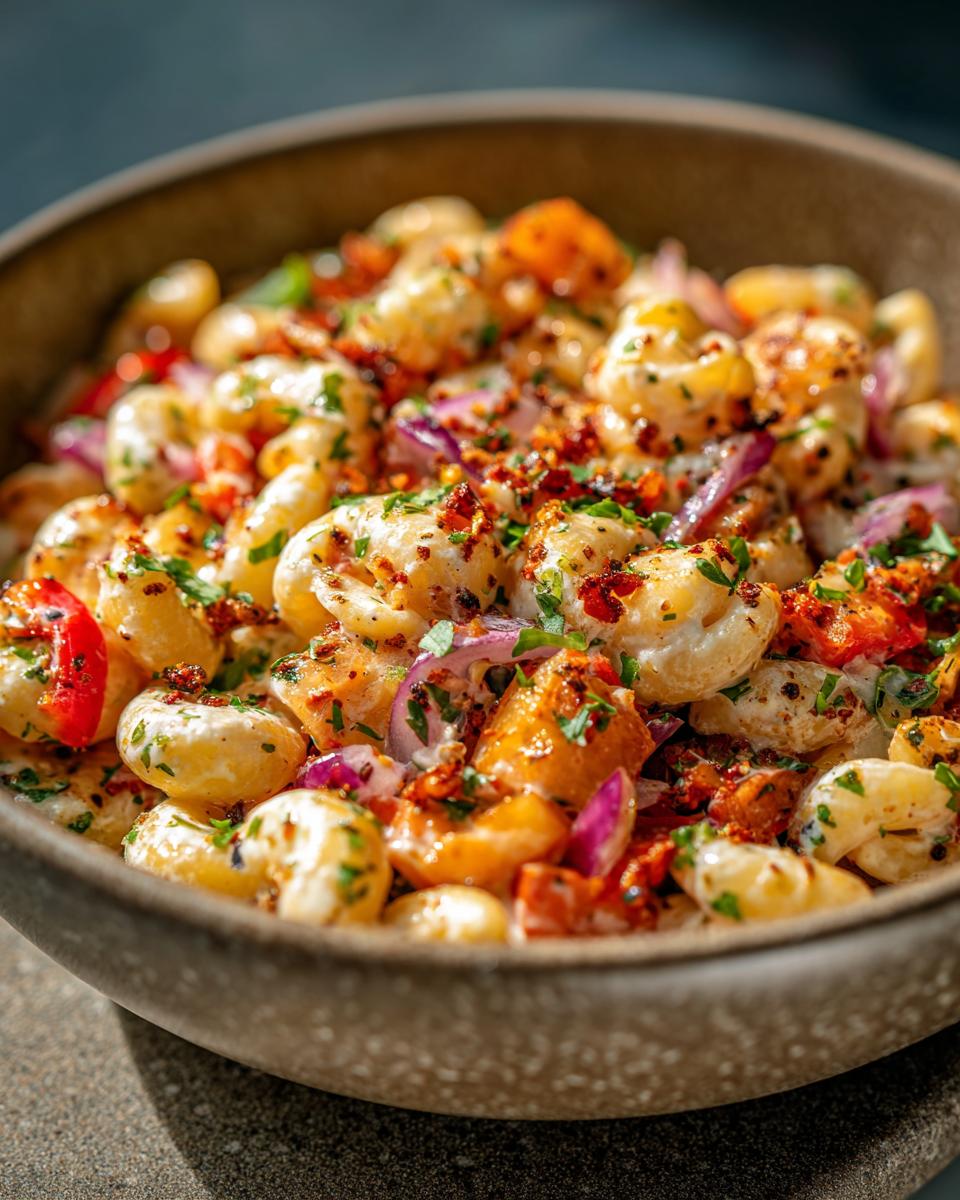 Close-up of a bowl of pasta salad easy, with pasta, vegetables, and herbs.