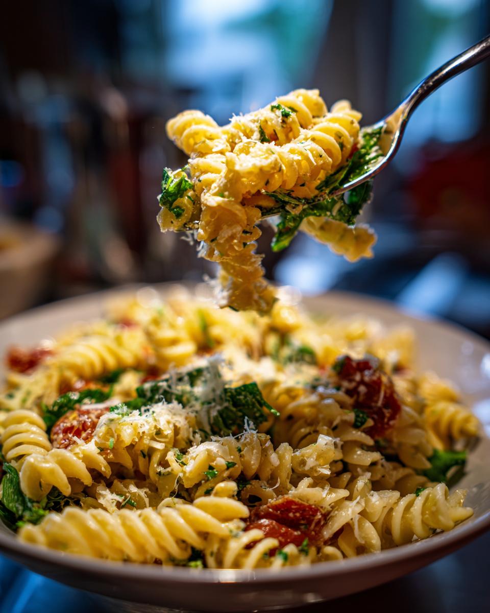 Amazing Pasta Salad Easy in 15 Minutes 3 Close-up of pasta salad easy with fusilli pasta, tomatoes, and herbs, being lifted by a fork.