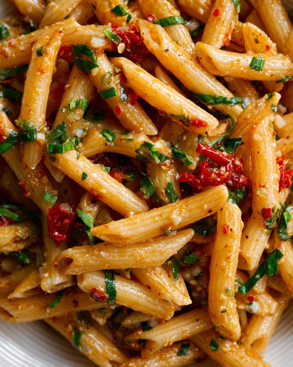 Amazing Pasta Salad Easy in 15 Minutes 4 Close-up of a pasta salad easy with penne pasta, herbs, and sun-dried tomatoes.