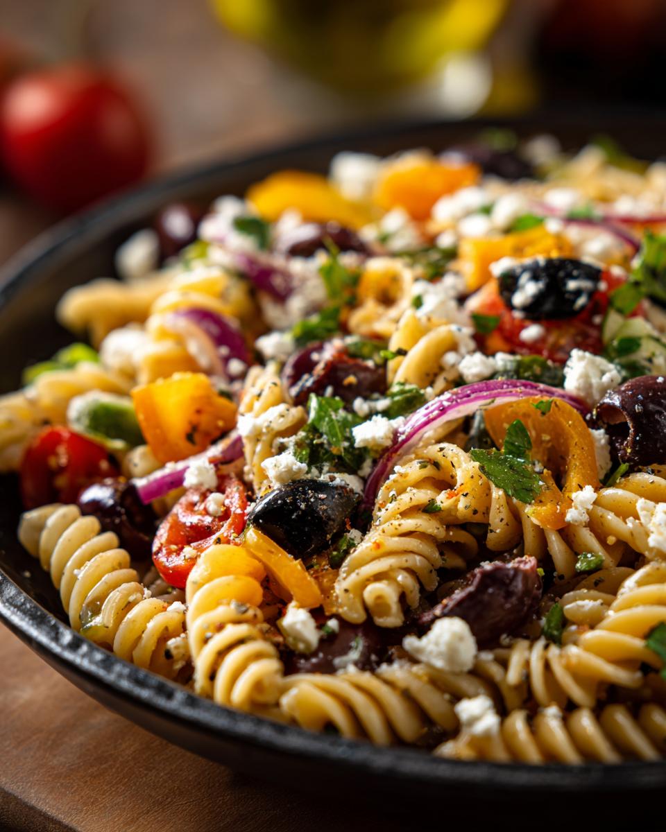 Amazing Pasta Salad Easy in 15 Minutes 5 Close-up of a delicious pasta salad easy recipe with rotini pasta, olives, feta, and vegetables.
