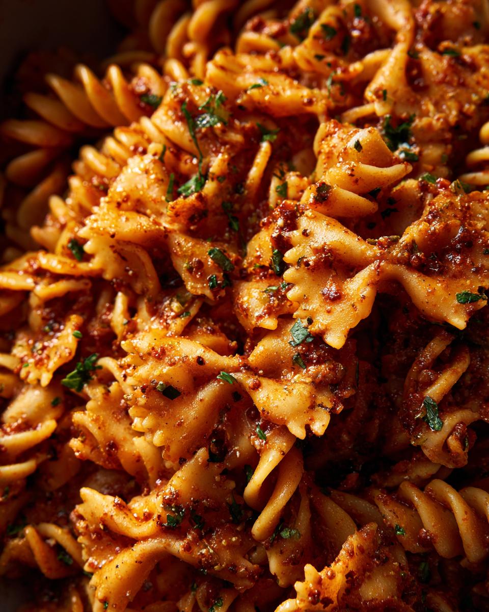 Close-up of pasta salad easy with farfalle and fusilli pasta, coated in a flavorful sauce, garnished with herbs.