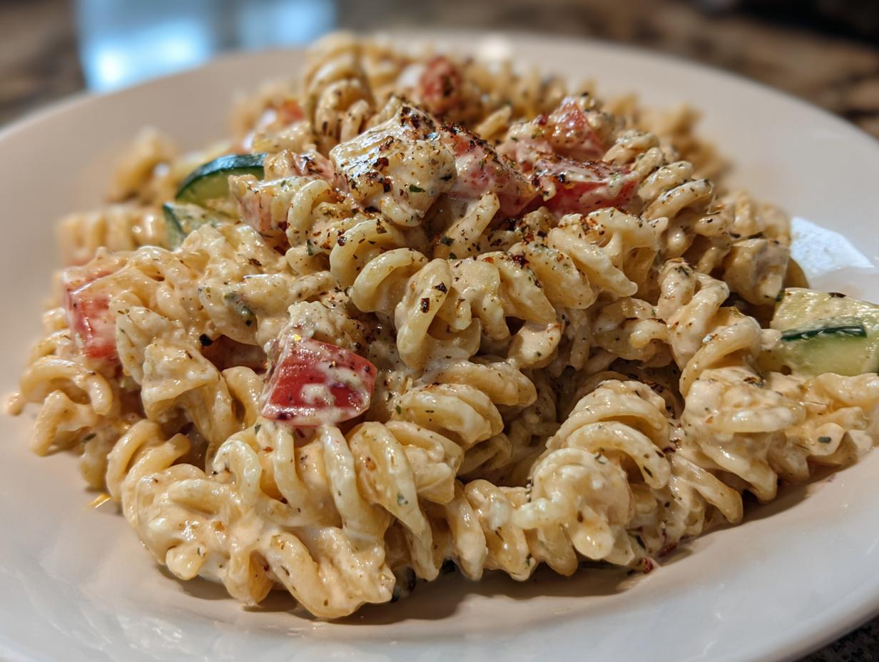 Amazing Pasta Salad Easy in 15 Minutes 1 Close-up of a creamy pasta salad easy, featuring fusilli pasta, tomatoes, and cucumbers.