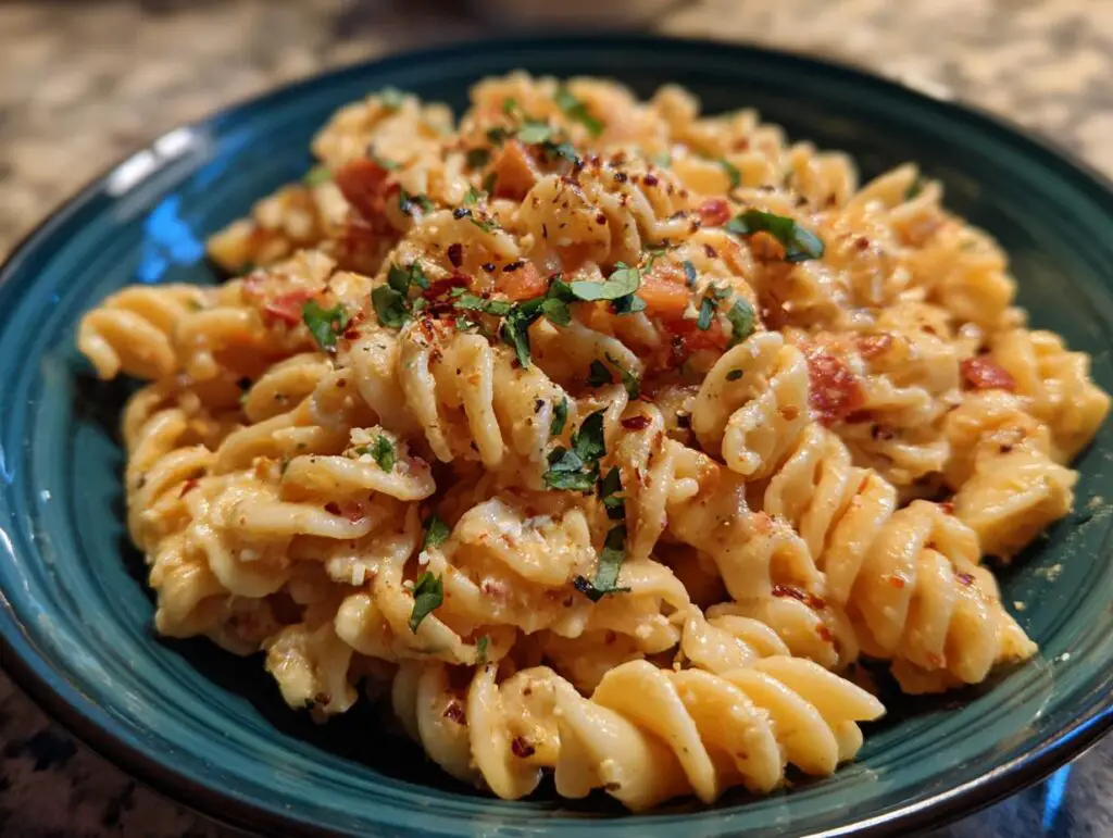 Close-up of a creamy pasta salad easy, served in a blue bowl, garnished with herbs and spices.