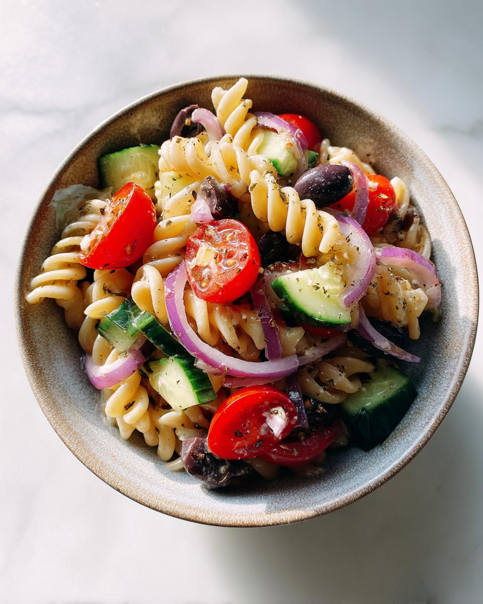 Close-up of a bowl of pasta salad easy simple with tomatoes, cucumbers, olives, and red onion.