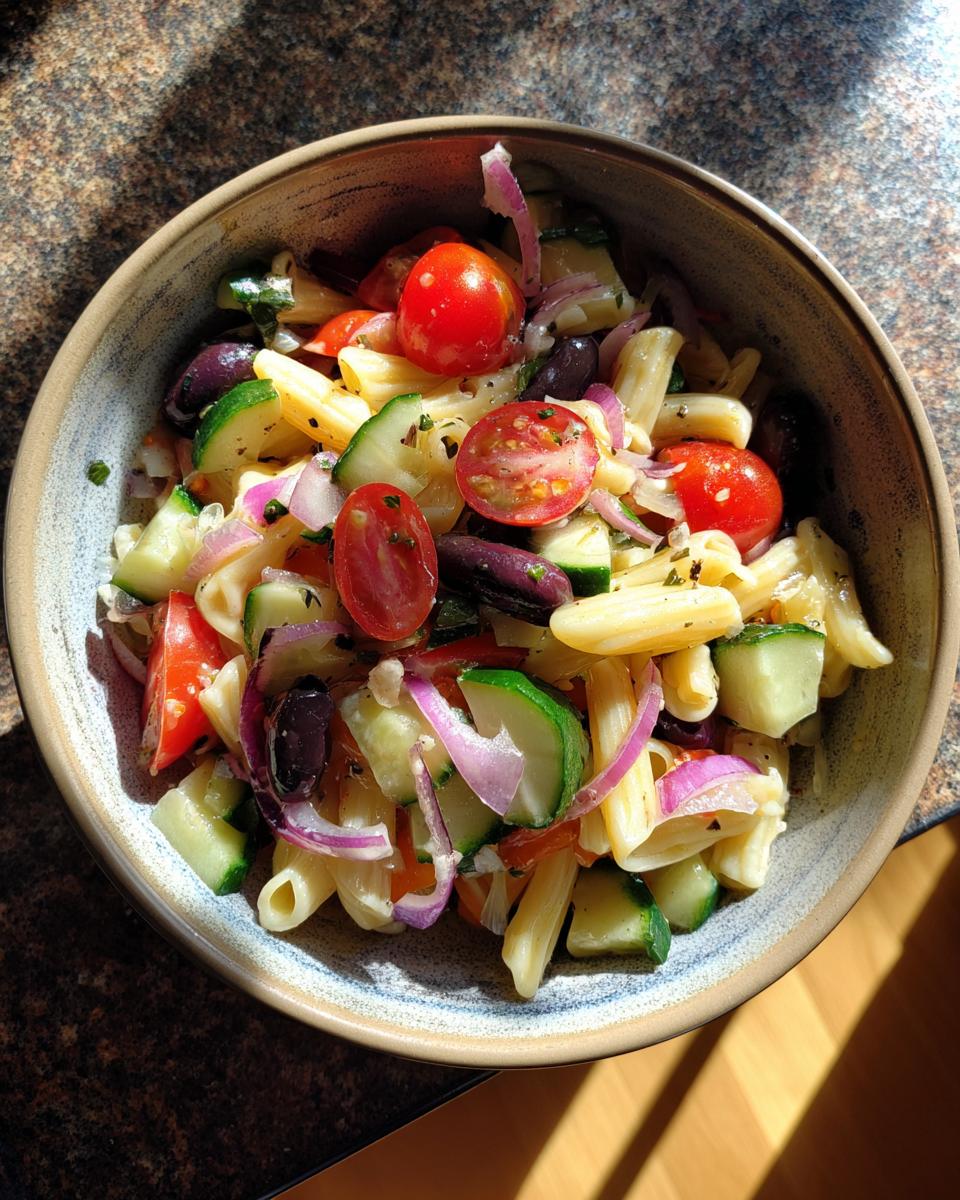 Pasta salad easy simple with tomatoes, cucumbers, olives, and red onion in a bowl.