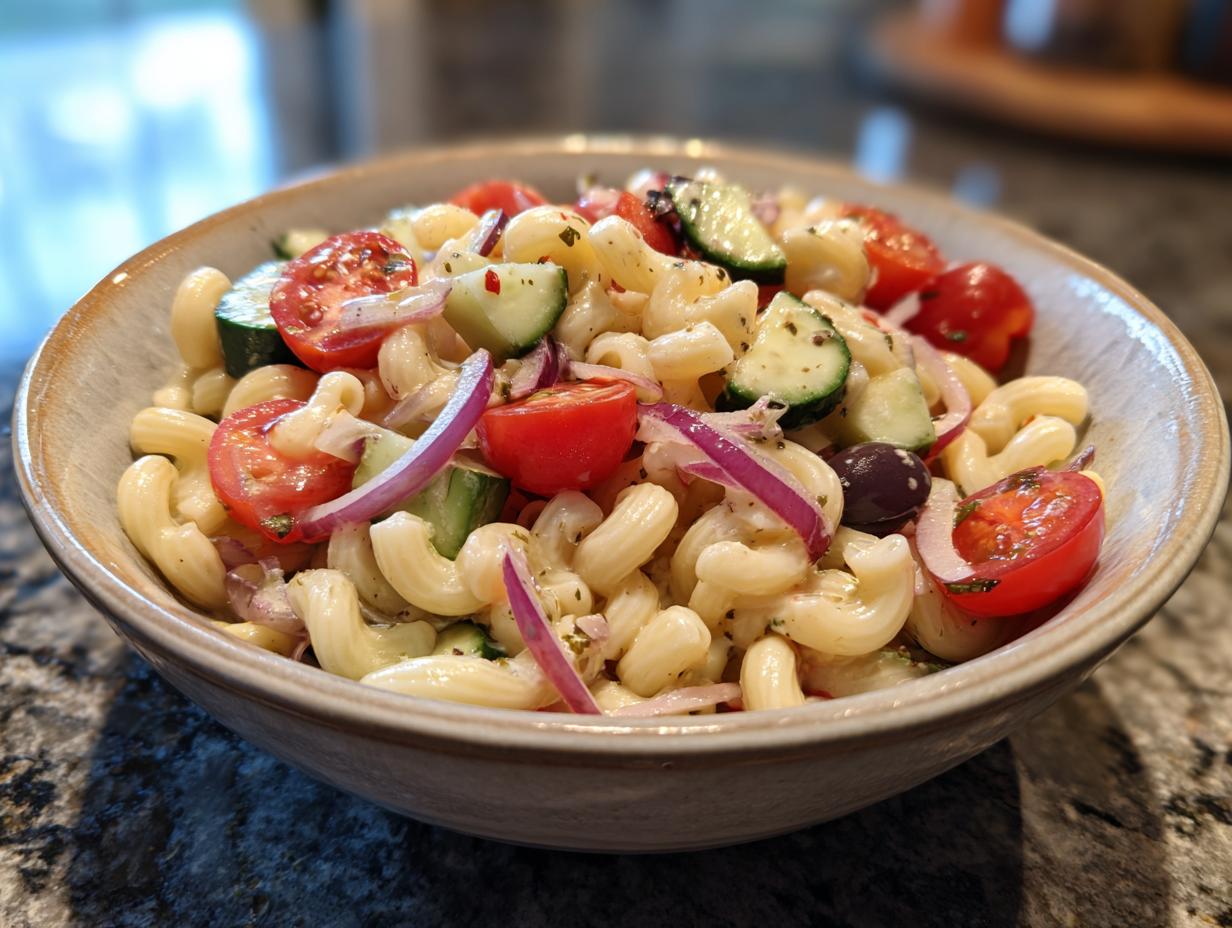Close-up of a bowl of pasta salad easy simple with tomatoes, cucumbers, and red onion.