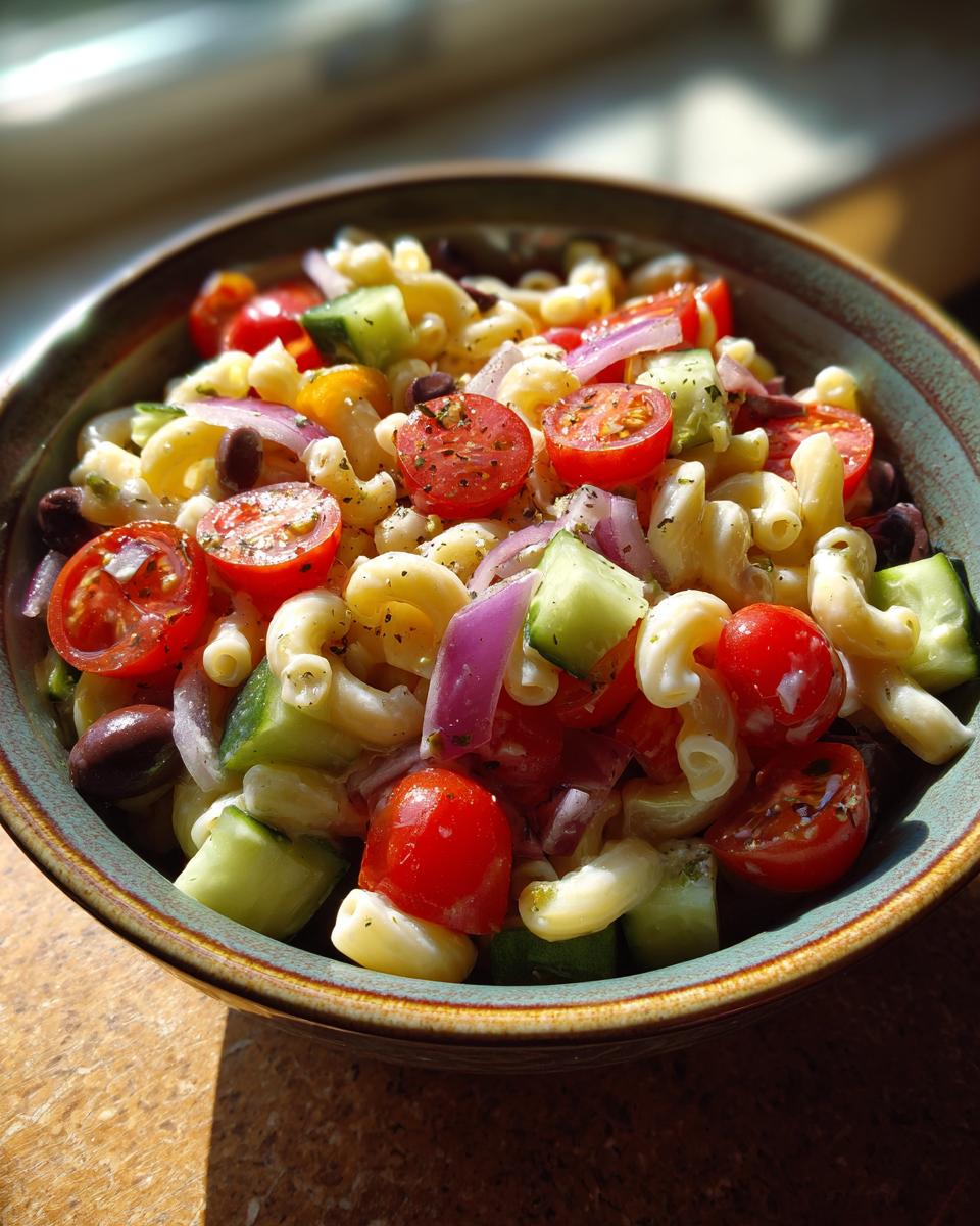 Close-up of a bowl of pasta salad easy simple with tomatoes, cucumbers, and red onion.