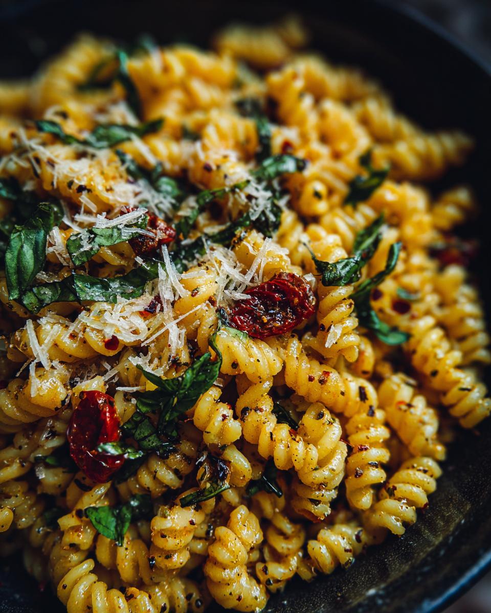 Close-up of a pasta salad easy with fusilli, sun-dried tomatoes, basil, and parmesan cheese.