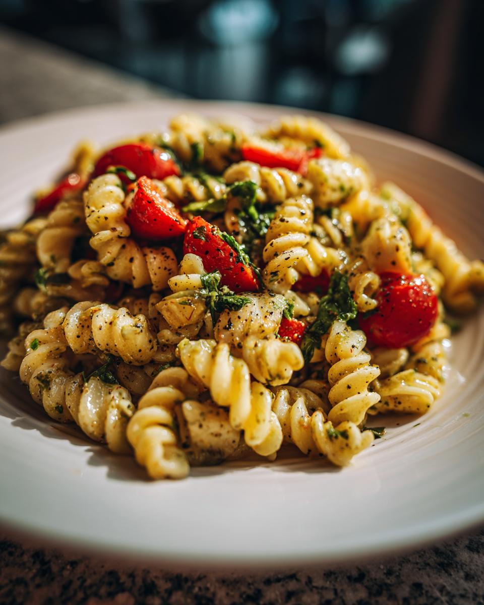 Close-up of a pasta salad easy with tomatoes and herbs on a white plate.