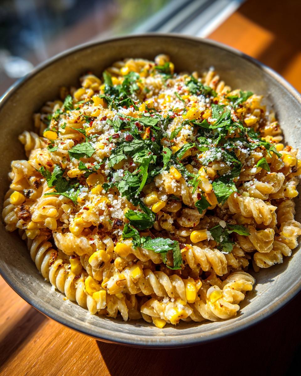 Close-up of pasta salad elote with corn, herbs, and cheese in a bowl.