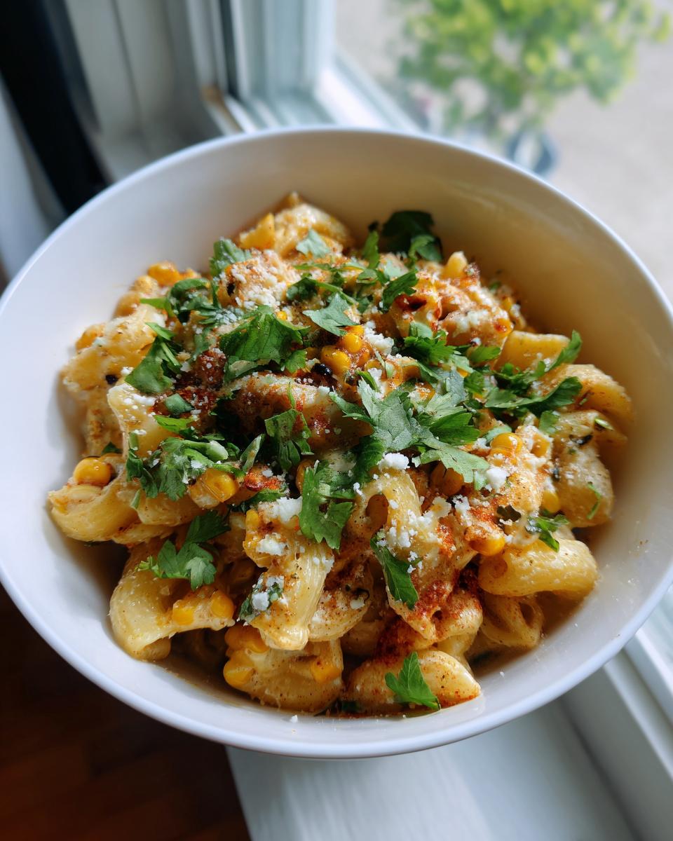 Close-up of a bowl of pasta salad elote, with corn, cheese, and cilantro.