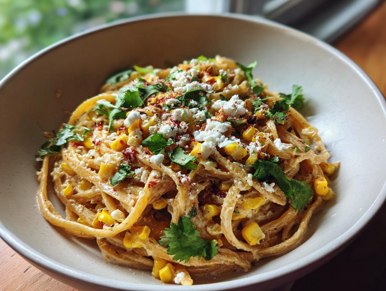 Close-up of a bowl of pasta salad elote, garnished with cilantro and cotija cheese.