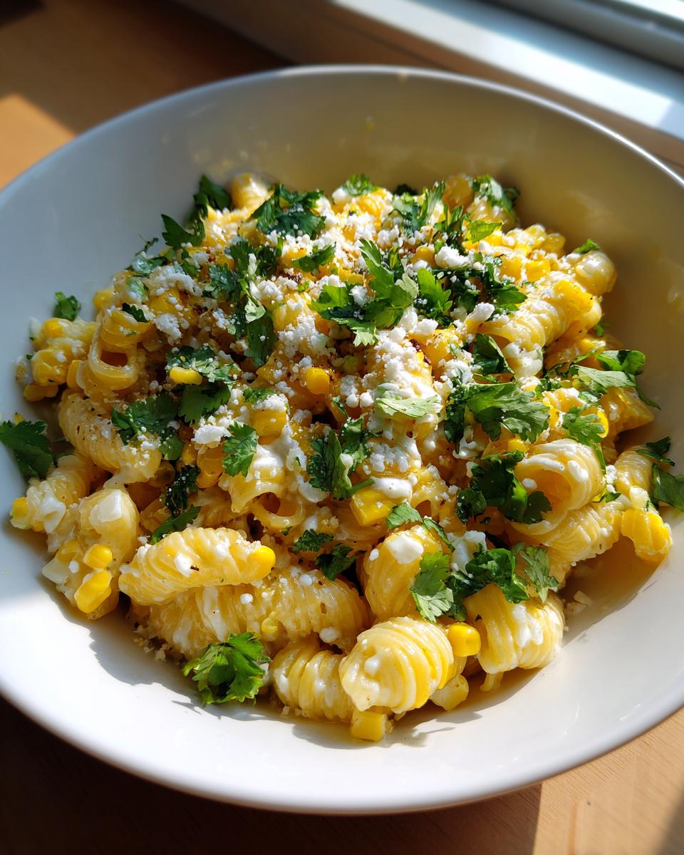 Close-up of pasta salad elote with corn, cheese, and cilantro in a white bowl. Delicious pasta salad elote.