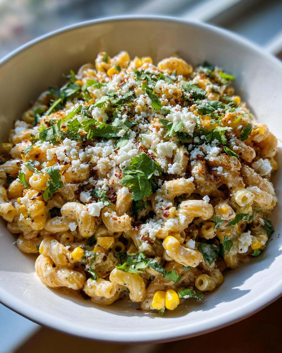 Close-up of pasta salad elote in a white bowl, topped with cotija cheese and cilantro.