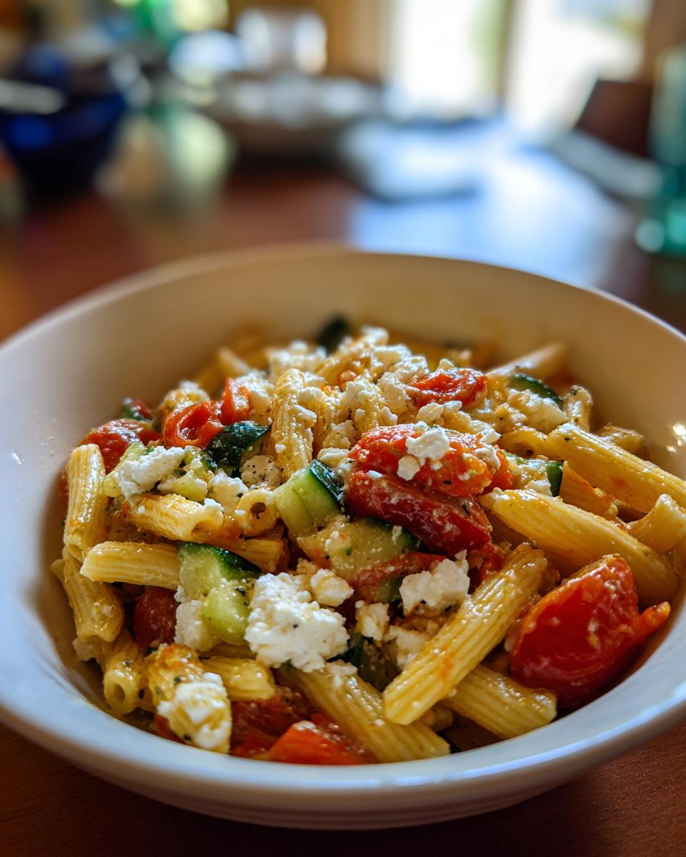 Close-up of a bowl of pasta salad feta with tomatoes, zucchini, and feta cheese.