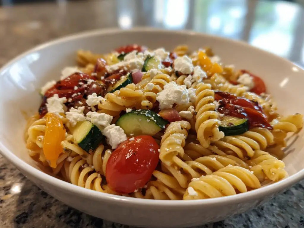 Close-up of a pasta salad feta with tomatoes, zucchini, and feta cheese in a white bowl. The pasta salad feta is ready to eat.