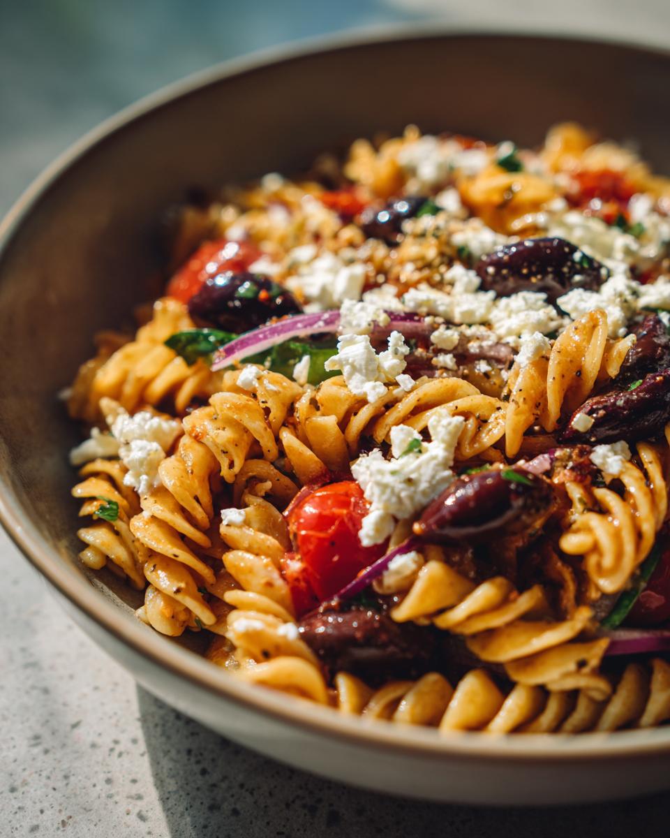 Close-up of a bowl of pasta salad feta with tomatoes, olives, and feta cheese.