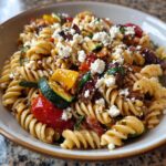Close-up of a bowl of pasta salad feta with tomatoes, zucchini, and crumbled feta cheese.