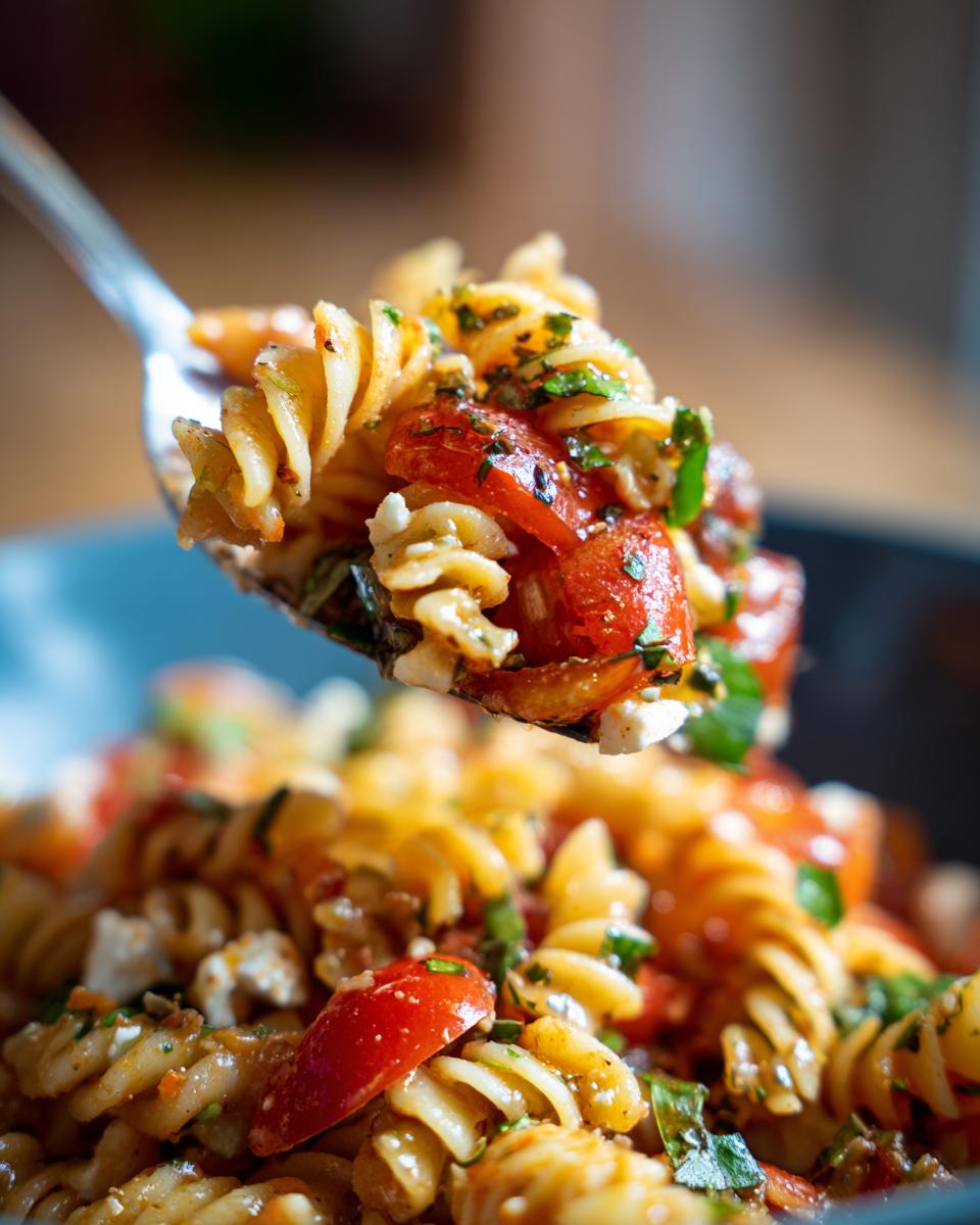 Close-up of pasta salad feta on a spoon, showing tomatoes, herbs, and feta cheese.