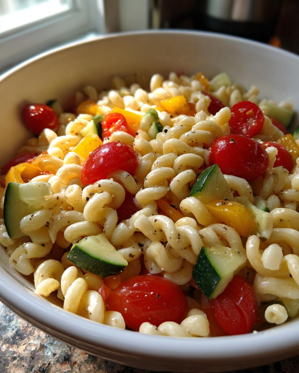 Close-up of a bowl of pasta salad for lunch with tomatoes, cucumbers, and peppers.