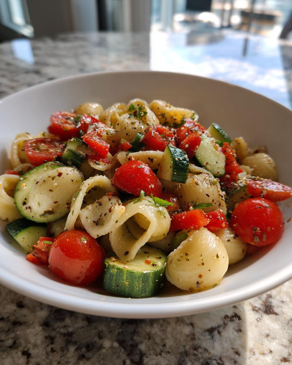 Close-up of a bowl of pasta salad for lunch with tomatoes, zucchini, and herbs.