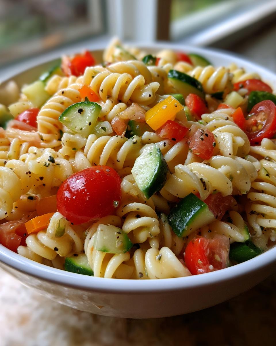 Close-up of a vibrant pasta salad for lunch with tomatoes, cucumbers, and bell peppers.