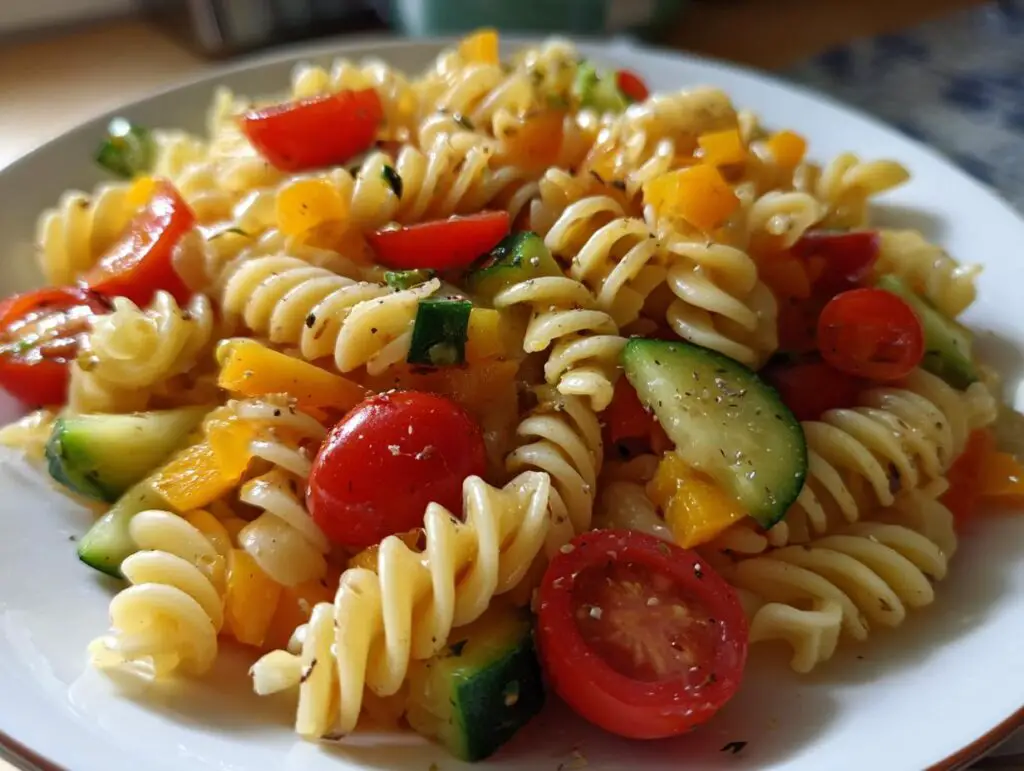 Close-up of a vibrant pasta salad for lunch with tomatoes, zucchini, and bell peppers.
