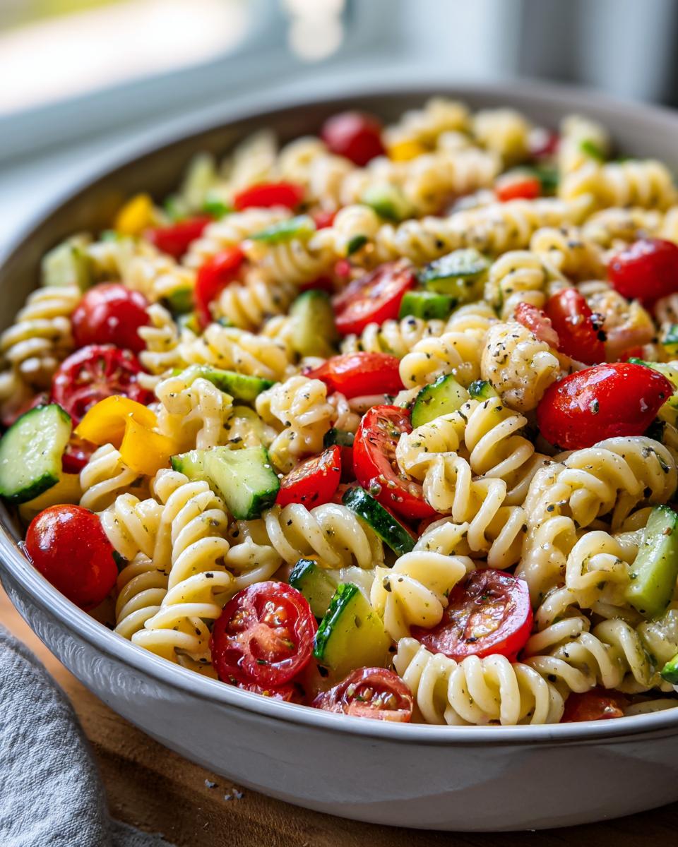 Close-up of a bowl of pasta salad for lunch with tomatoes, cucumbers, and yellow bell peppers.