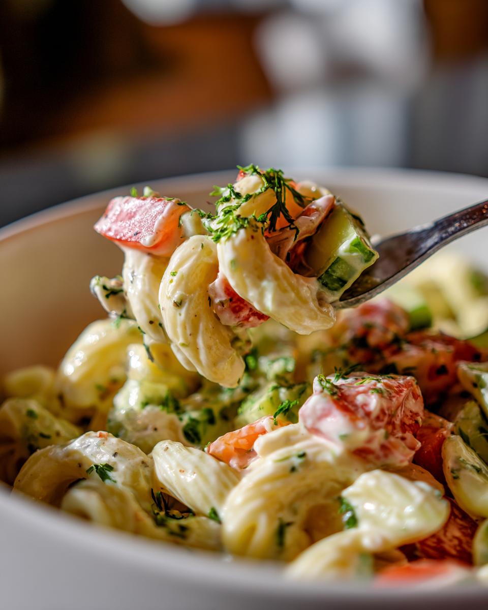 Perfect Pasta Salad: 5 Simple Steps 10 Close-up of pasta salad on a fork, showing pasta, tomatoes, cucumbers, and creamy dressing. How do you make pasta salad?