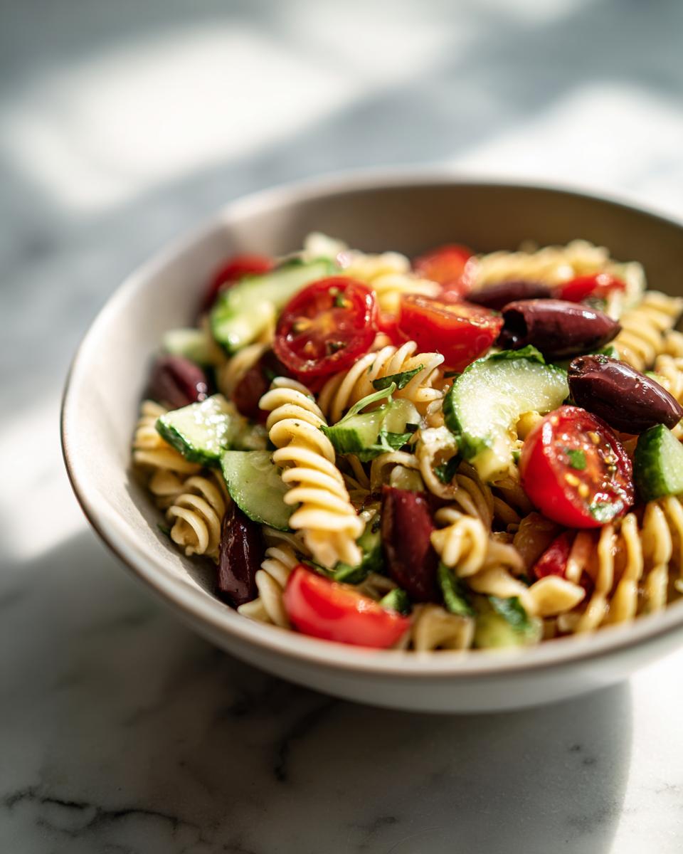 Close-up of a bowl of delicious pasta salad gluten free with tomatoes, cucumbers, and olives.