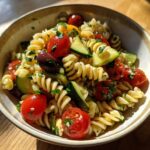 Close-up of a bowl of delicious gluten free pasta salad with tomatoes, cucumber, olives, and herbs.