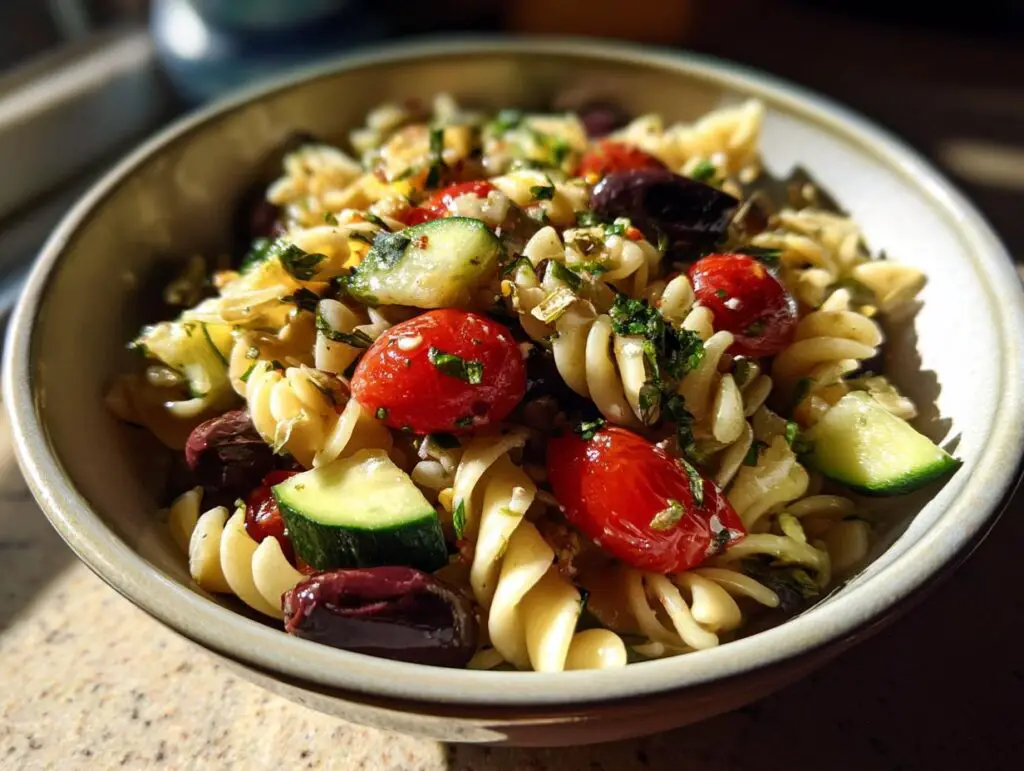 Close-up of a vibrant pasta salad gluten free with tomatoes, zucchini, olives, and herbs in a bowl.
