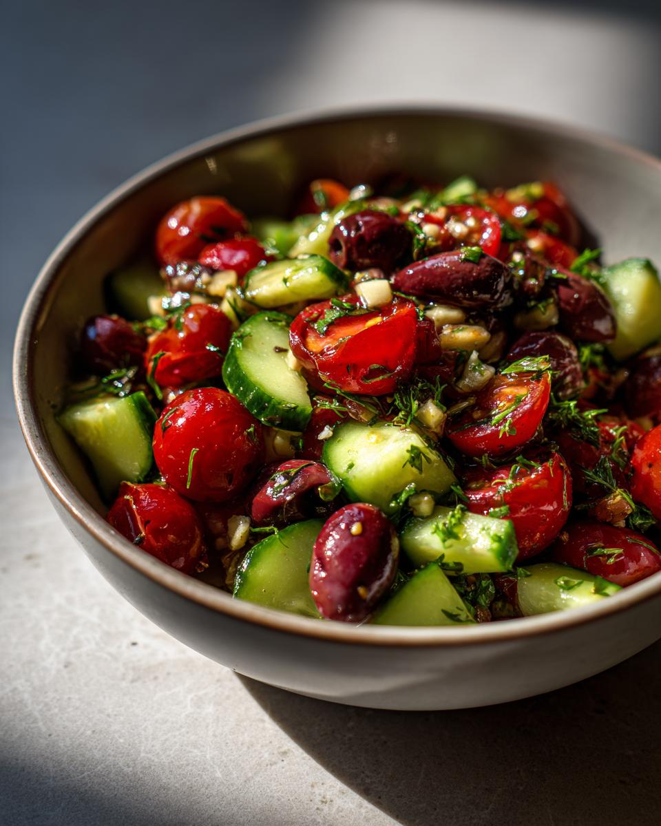 Close-up of a colorful pasta salad gluten free with tomatoes, cucumbers, and olives.