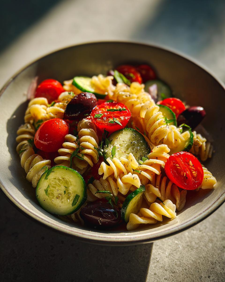 Close-up of a bowl of delicious pasta salad gluten free with tomatoes, cucumbers, and olives.