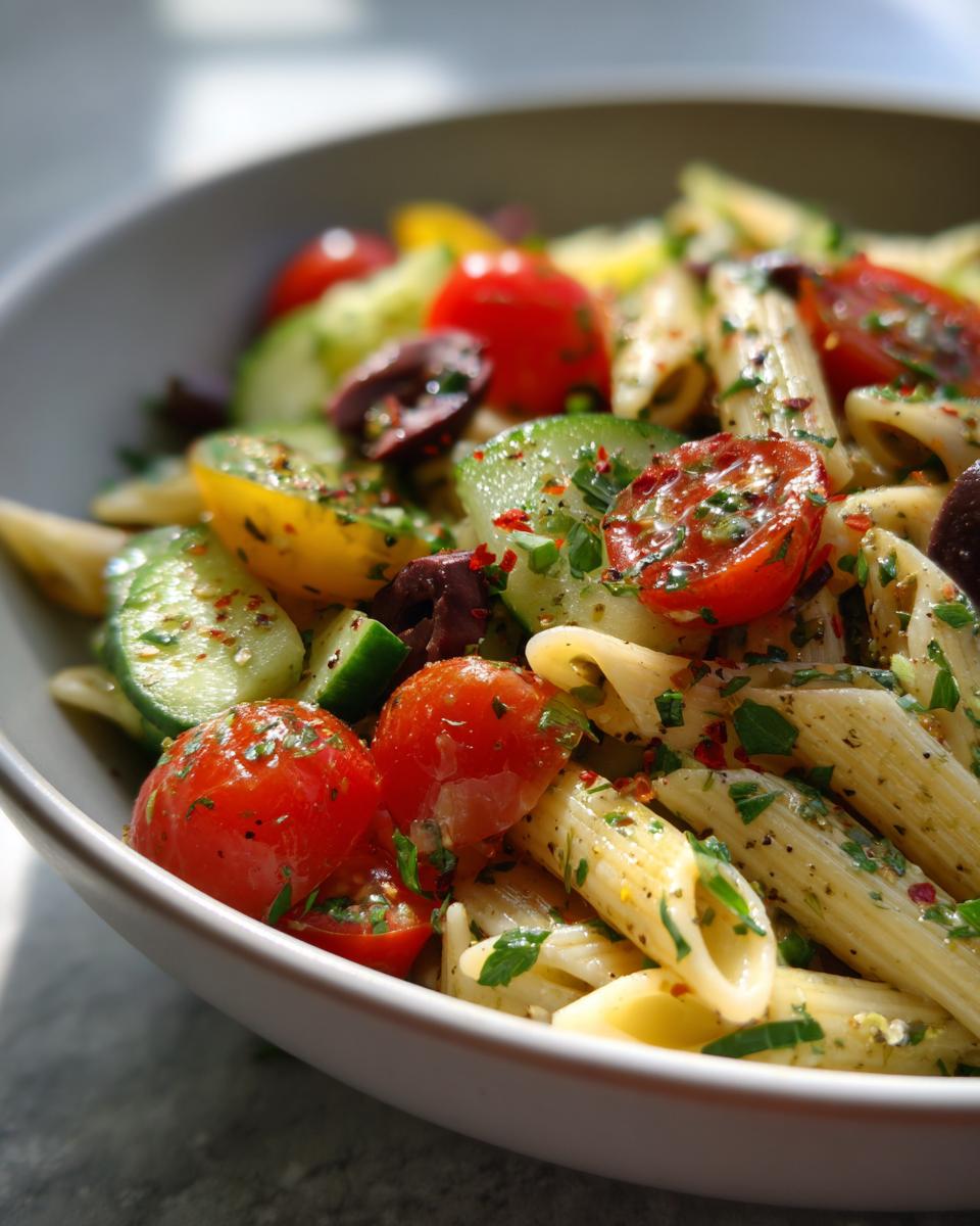 Close-up of a bowl of pasta salad gluten free with tomatoes, cucumbers, and olives.