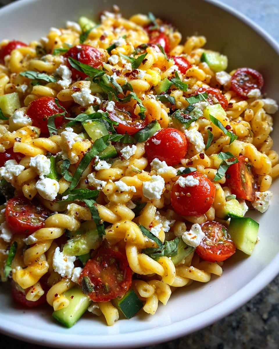 Amazing Pasta Salad Goat Cheese: 30 Min Recipe 7 Close-up of pasta salad goat cheese with tomatoes, cucumbers, and basil in a white bowl.
