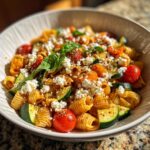 Amazing Pasta Salad Goat Cheese: 30 Min Recipe 11 Close-up of pasta salad goat cheese with tomatoes, zucchini, and basil.