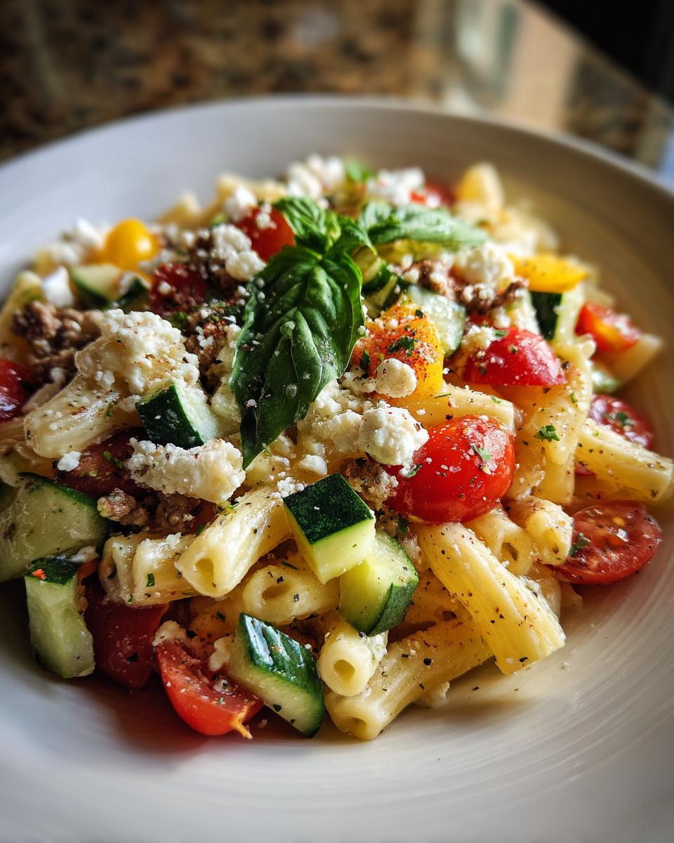 Amazing Pasta Salad Goat Cheese: 30 Min Recipe 8 Close-up of pasta salad goat cheese with tomatoes, cucumbers, and basil.