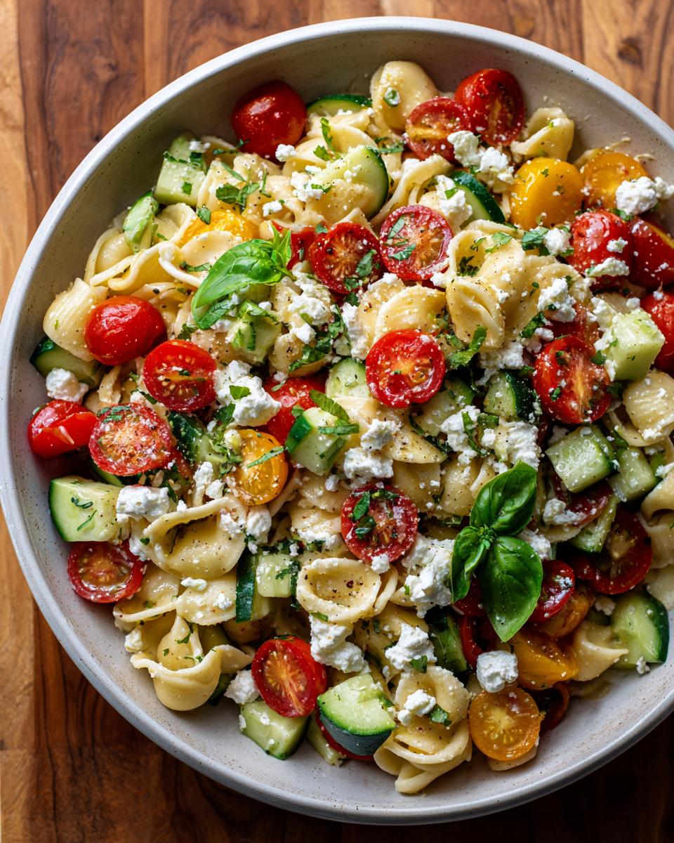 Amazing Pasta Salad Goat Cheese: 30 Min Recipe 9 Overhead shot of pasta salad goat cheese with tomatoes, cucumbers, and basil.