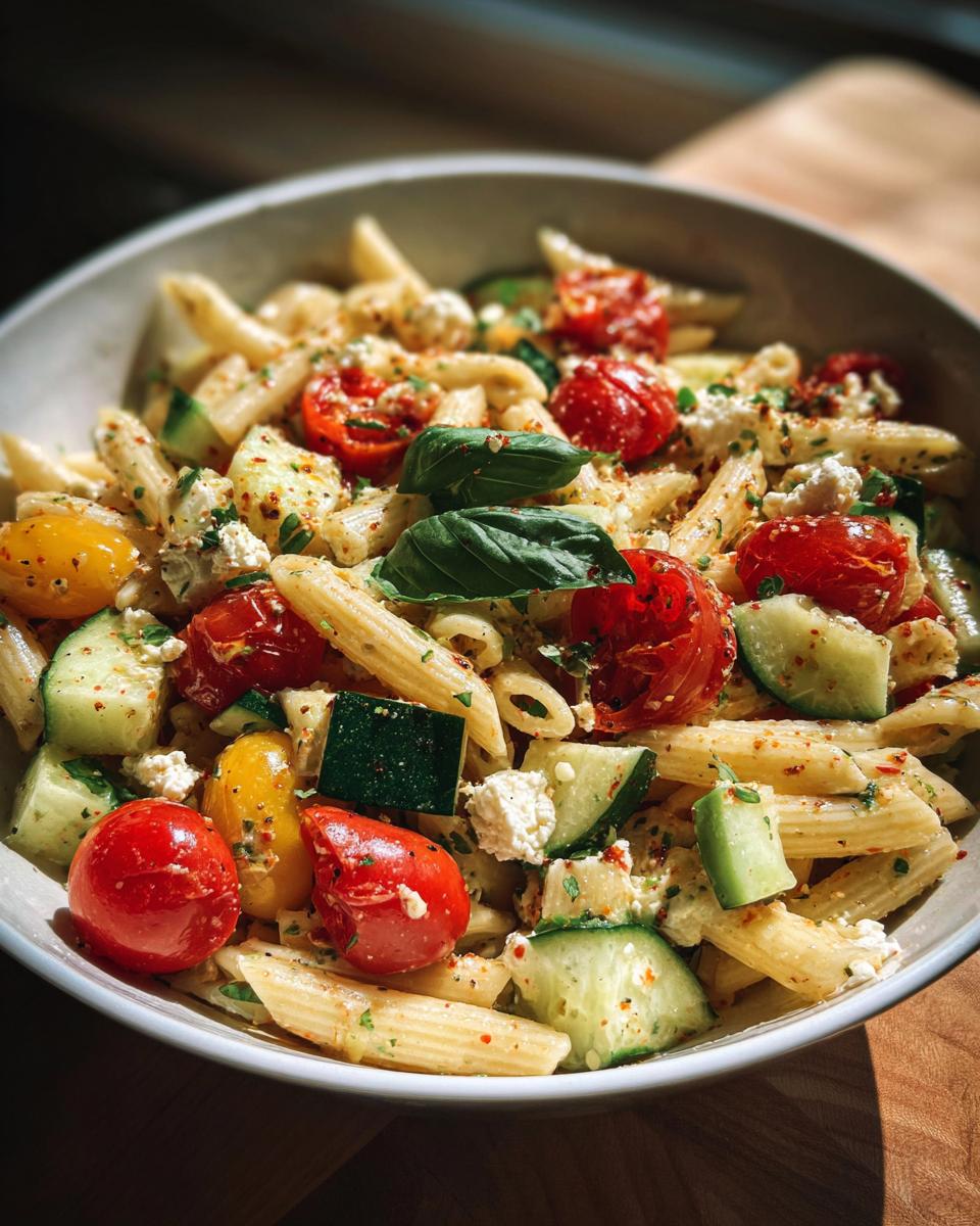 Amazing Pasta Salad Goat Cheese: 30 Min Recipe 10 Close-up of pasta salad goat cheese with tomatoes, cucumbers, and basil.