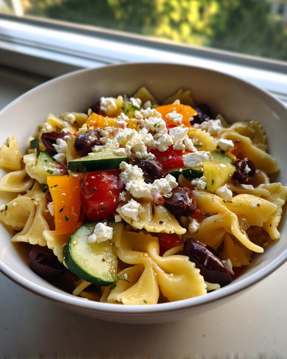 Amazing Pasta Salad Greek: 5 Flavor Secrets 10 Close-up of a bowl of pasta salad greek with feta cheese, olives, and vegetables.