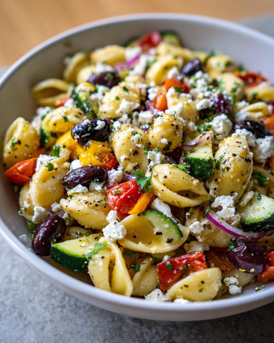 Amazing Pasta Salad Greek: 5 Flavor Secrets 8 Close-up of a vibrant pasta salad Greek with olives, feta, and vegetables. Featuring the pasta salad Greek.