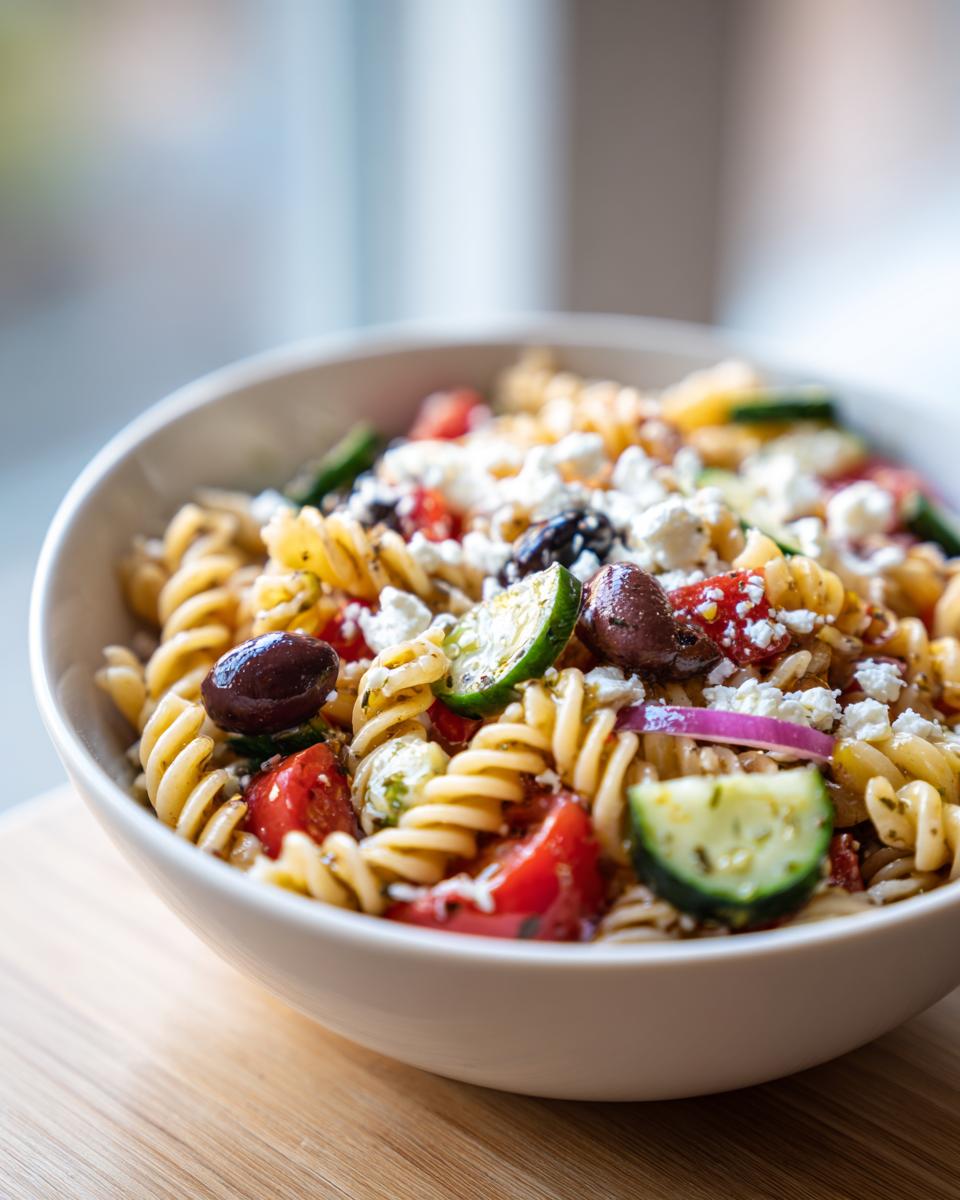 Amazing Pasta Salad Greek: 5 Flavor Secrets 9 Close-up of a bowl of pasta salad greek with tomatoes, olives, feta, and cucumbers.