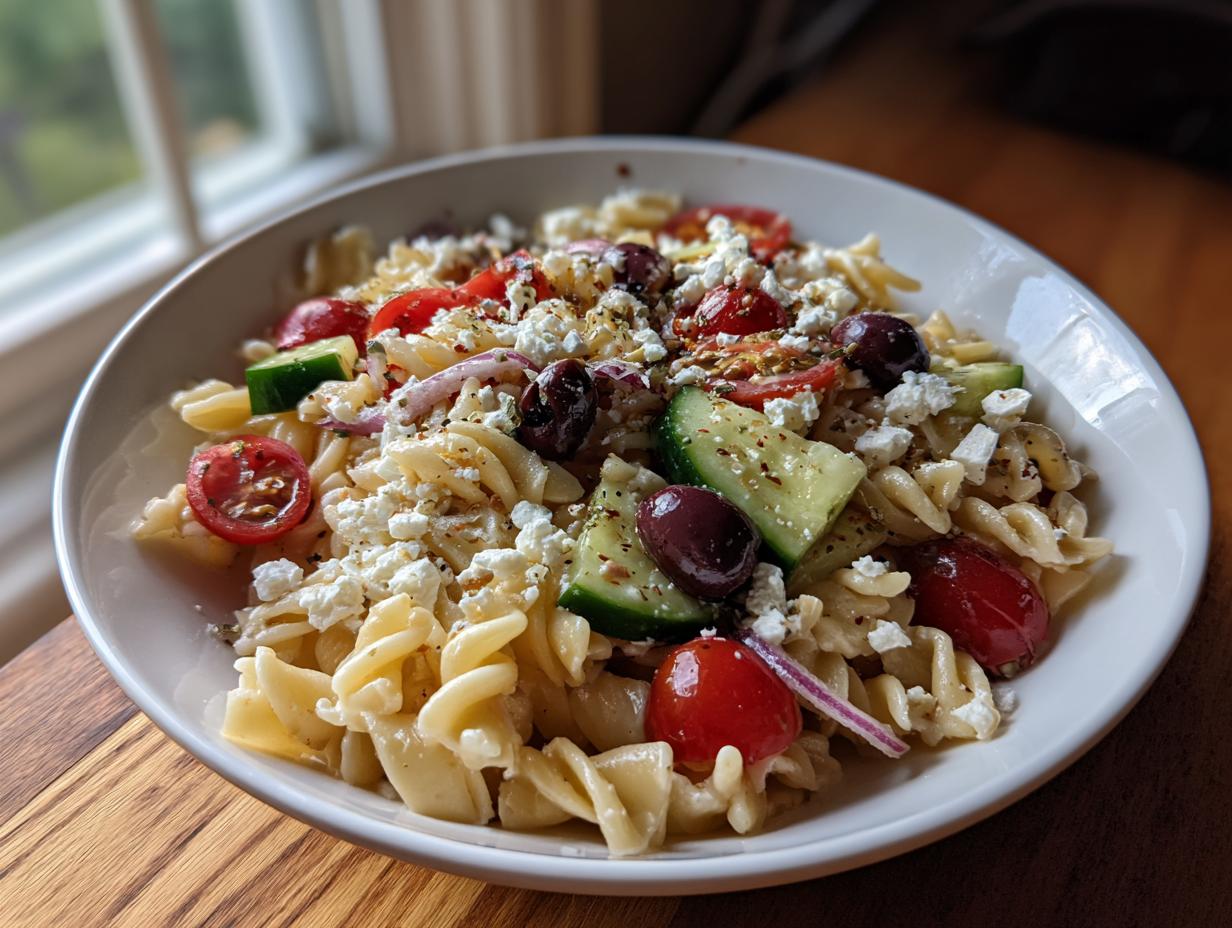 Amazing Pasta Salad Greek: 5 Flavor Secrets 6 Close-up of a bowl of pasta salad Greek with tomatoes, olives, feta cheese, and cucumbers.